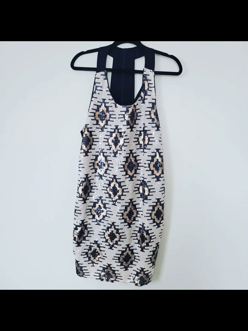 Sequined Geo Print Shift Dress - Black & Cream
